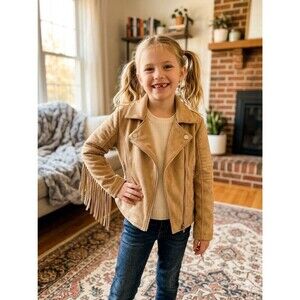 Art Class Girls Faux Suede Fringe Moto Jacket Medium 7/8 Tan Turquoise Lining
